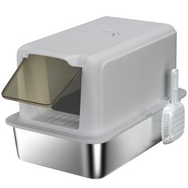 PAWSTER Stainless Steel Cat Litter Box Removable Lid Scoop Filter Bags - Grey