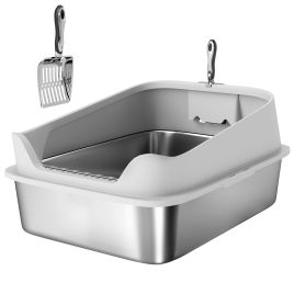 PAWSTER XXL Stainless Steel Cat Litter Box High Sides Metal Scoop - Grey