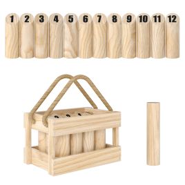 SPORTEDGE Molkky Game Wooden Skittles Throwing Game 12 Skittles Carrying Box - Natural