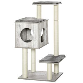 EPSWICK Large Cat Tree Tower 113cm with Scratching Post and Condo - Beige