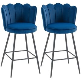 KERVAN Set of 2 Velvet Lotus Bar Stool - Dark Blue