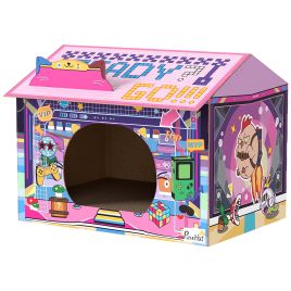 VELDOR 2 in 1 Gaming Style Cat House Cardboard with Scratching Board - Pink