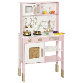 AUVREN Pretend Play Kitchen Wooden Kids Cooking Set with Accessories - Pink