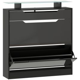 JAVEN 2 Flip Doors Shoe Cabinet Tempered Glass Top - Black
