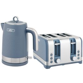 DEVOR Kettle and Four Slice Toaster Set Sleek Textured Style - Blue