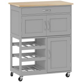 MORILYTH Kitchen Trolley with Drawer, 9 Bottle Wine Rack, Door Cabinet and Wooden Countertop - Grey