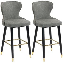 YSMARIN Leather Bar Stools Set of 2 with Footrest and Wood Legs - Grey