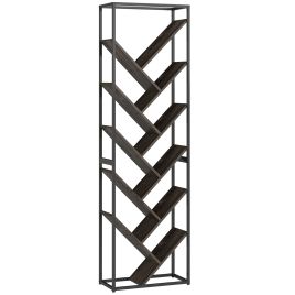 VELVEN 10 Shelf Industrial Style Bookshelf -Brown and Grey