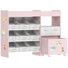THRYVELL Kids Toy Storage Cabinet with 11 Bins, Top Shelves, 3 Stickers - Pink