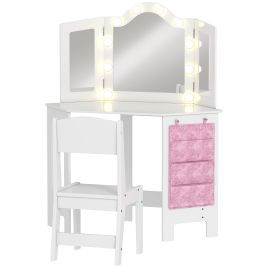 ORLYNTHE Kids Dressing Table with Stool Set, 2 Colour LED Lights and Tri Folding Mirror - White