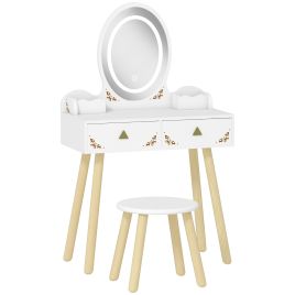 VALTHORNYX Kids Dressing Table and Chair Set with 3 Colour LED Lights Mirror, Drawer and Storage Boxes for 3+ Years - White