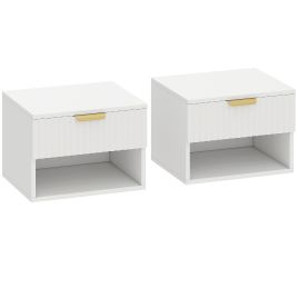 DURNYX Floating Wall Mounted Bedside Table with Fluted Drawer and Open Shelf Set of 2 - White