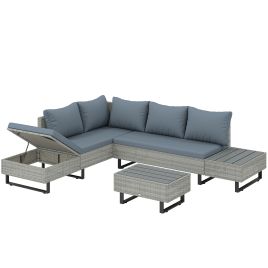 Cheford Metal 5 Seater L Shaped Corner Rattan Garden Corner Sofa Set - Grey