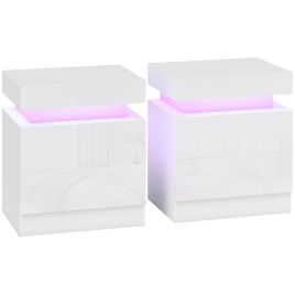 CHARING Set of 2 High Gloss Bedside Tables with LED Lights and 2 Drawers - White