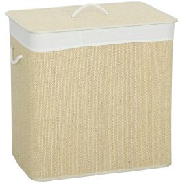 DUNSTER 144L Bamboo Laundry Basket with Lid, 3 Sections, Handles and Washable Liner - Cream White