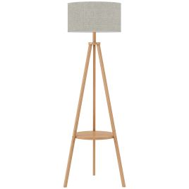 WENDOVER 160 cm Tripod Floor Lamp with Storage Shelf and Linen Shade - Natural Wood Colour