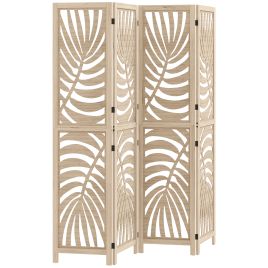 VORNCREST 4 Panel Folding Room Divider with Detachable Palm Leaf Privacy Screens - Natural Wood Finish