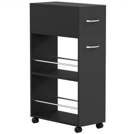 BRADFIELD 3 Tier Rolling Kitchen Storage Trolley with Drawer, Worktop and 4 Wheels - Black