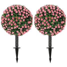 KIMBOLTON Set of 2 UV Resistant Artificial Rose Topiary Plants, 55 cm Tall - Pink