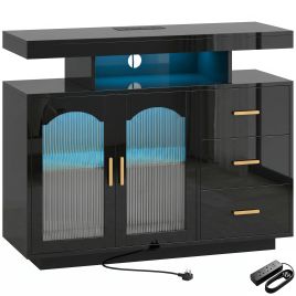 FINEDON High Gloss Sideboard with LED Lights, Power Outlets, 3 Drawers and 2 Acrylic Doors - Black