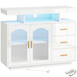 FINEDON High Gloss Sideboard with LED Lights, Power Outlets, 3 Drawers and 2 Acrylic Doors - White