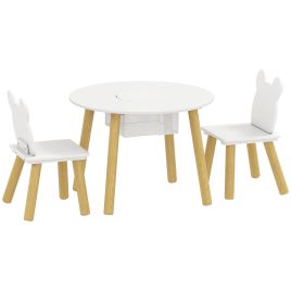 DORKING 3 Piece Kids Activity Table and Chairs Set with Mesh Bag and Bear Backrests - White