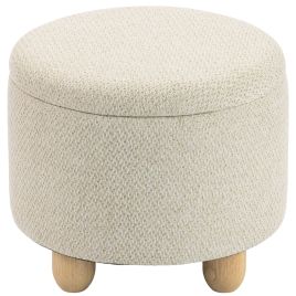 REIGATE Round Storage Ottoman Bench with Hinged Lid and Rubber Wood Legs - Beige