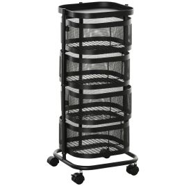 SOLIHULL 4 Tier Metal Storage Trolley with Wheels, Mesh Baskets and Top Tray - Black