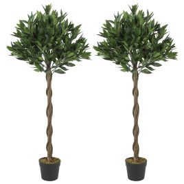 GILLINGHAM Set of 2 Artificial Bay Laurel Topiary Trees with Twisted Trunks and Weighted Pots - Green