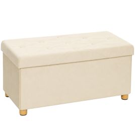 LICHFIELD Foldable Velvet Storage Ottoman Bench and Footrest with Wood Legs - Cream White
