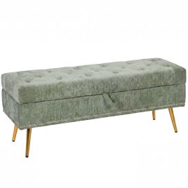 WORCESTER 114 cm Chenille Storage Ottoman with Padded Seat and Metal Legs - Light Green
