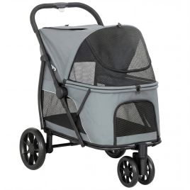 TUXFORD 3 Wheel Dog Stroller with Dual Entry, Quick Fold, Mesh Windows and Washable Cushion - Grey and Black