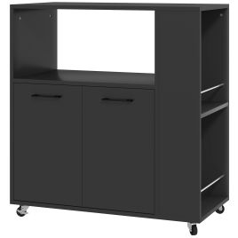 HORSHAM Rolling Kitchen Island Trolley with 2 Door Cabinet, Spice Rack and Adjustable Shelf - Black