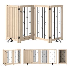 FENQUYRE 4 Panel Freestanding Pet Gate with Lockable Door, Support Feet and Flexible Hinges - Oak and Black