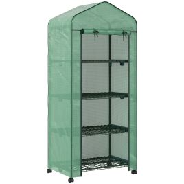 BIRCHAM 4 Tier Portable Mini Greenhouse with Metal Frame, PE Cover and Lockable Wheels - Green