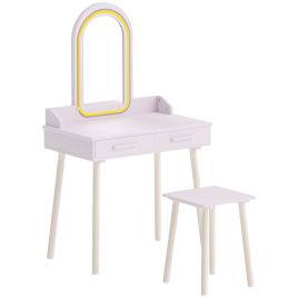 CRAVEN Kids Dressing Table and Stool with 3 Colour LED Mirror and Drawer - Pink, Natural, Green, Purple and White