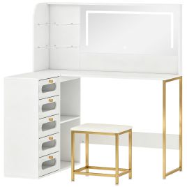 STONECROFT L Shaped Dressing Table with LED Mirror, Stool, Drawers and Shelves - White and Gold Tone