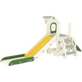 HENFIELD 5 in 1 Foldable Toddler Slide with Climbing Wall, Basketball Hoop and Storage - Cream White, Light Grey, Yellow and Green