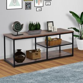 Black Metal Frame TV Stand with 2 Storage Shelves - Rustic Brown