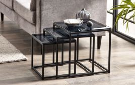 Black Frame Chicago Nest of 3 Tables - Smoked Glass Top