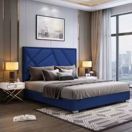 Crina Plush Velvet Fabric Bed, Blue Colour - 5 Sizes