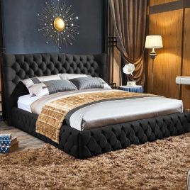 Gerald Plush Velvet Fabric Bed, Black Colour - 5 Sizes