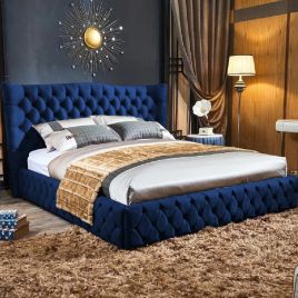 Gerald Plush Velvet Fabric Bed, Blue Colour - 5 Sizes