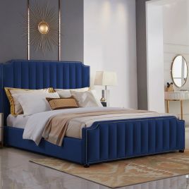 Klara Plush Velvet Fabric Bed, Blue Colour - 5 Sizes