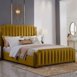 Klara Plush Velvet Fabric Bed, Mustard Colour - 5 Sizes
