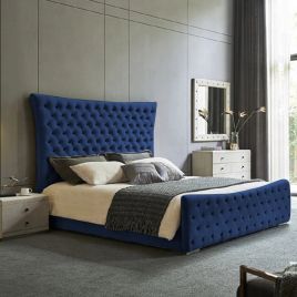 Plexa Plush Velvet Fabric Bed, Blue Colour - 5 Sizes