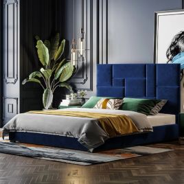 Conmo Plush Velvet Fabric Bed, Blue Colour - 5 Sizes