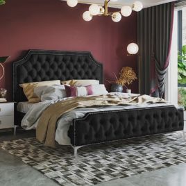 Gaia Plush Velvet Fabric Bed, Black Colour - 5 Sizes