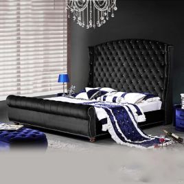 Rosio Plush Velvet Fabric Bed, Black Colour - 5 Sizes