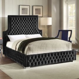Yanis Plush Velvet Fabric Bed, Black Colour - 5 Sizes